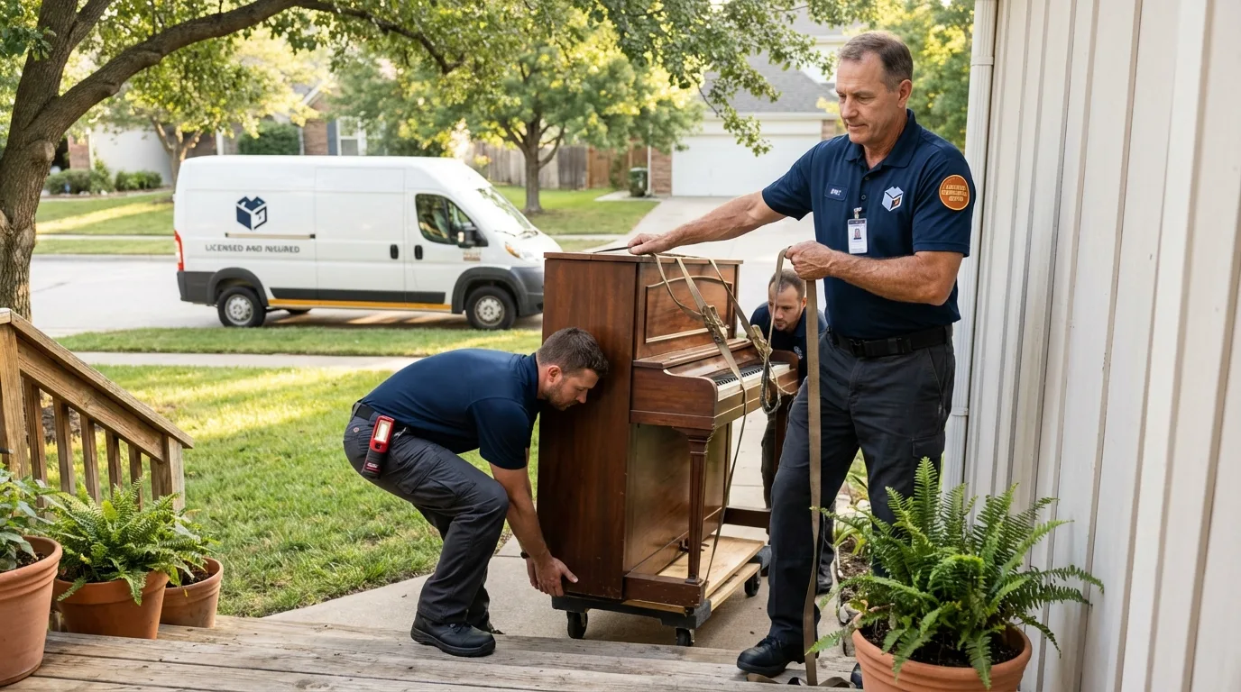 Licensed piano movers securing grand piano in Chetek, WI