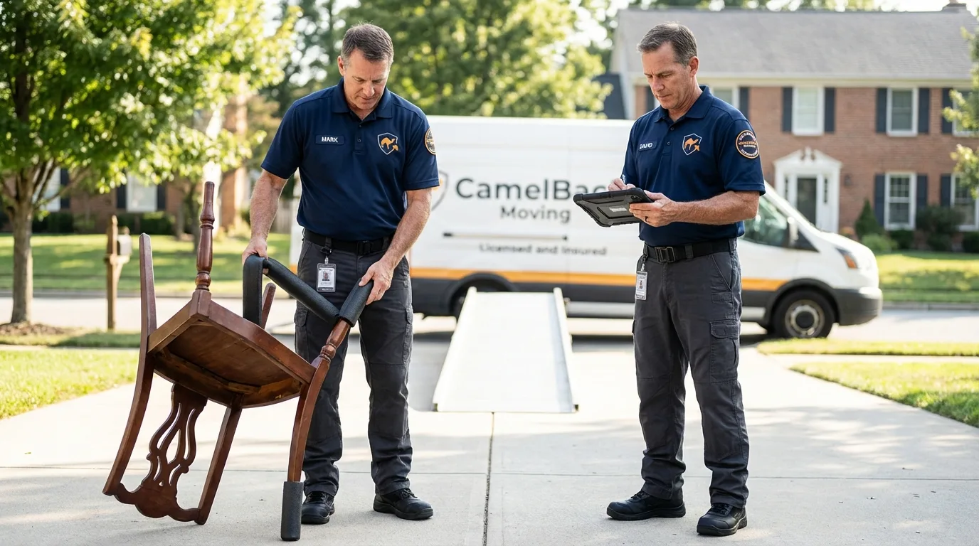 Movers inspecting furniture for damage prevention before loading in Chetek, WI