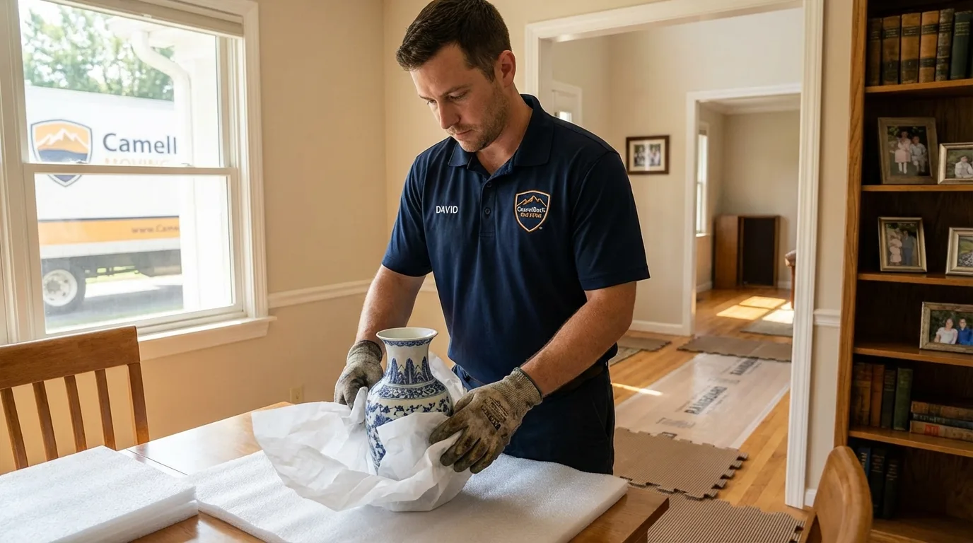 Professional crew carefully wrapping antique vase for senior downsizing move in Chetek, WI